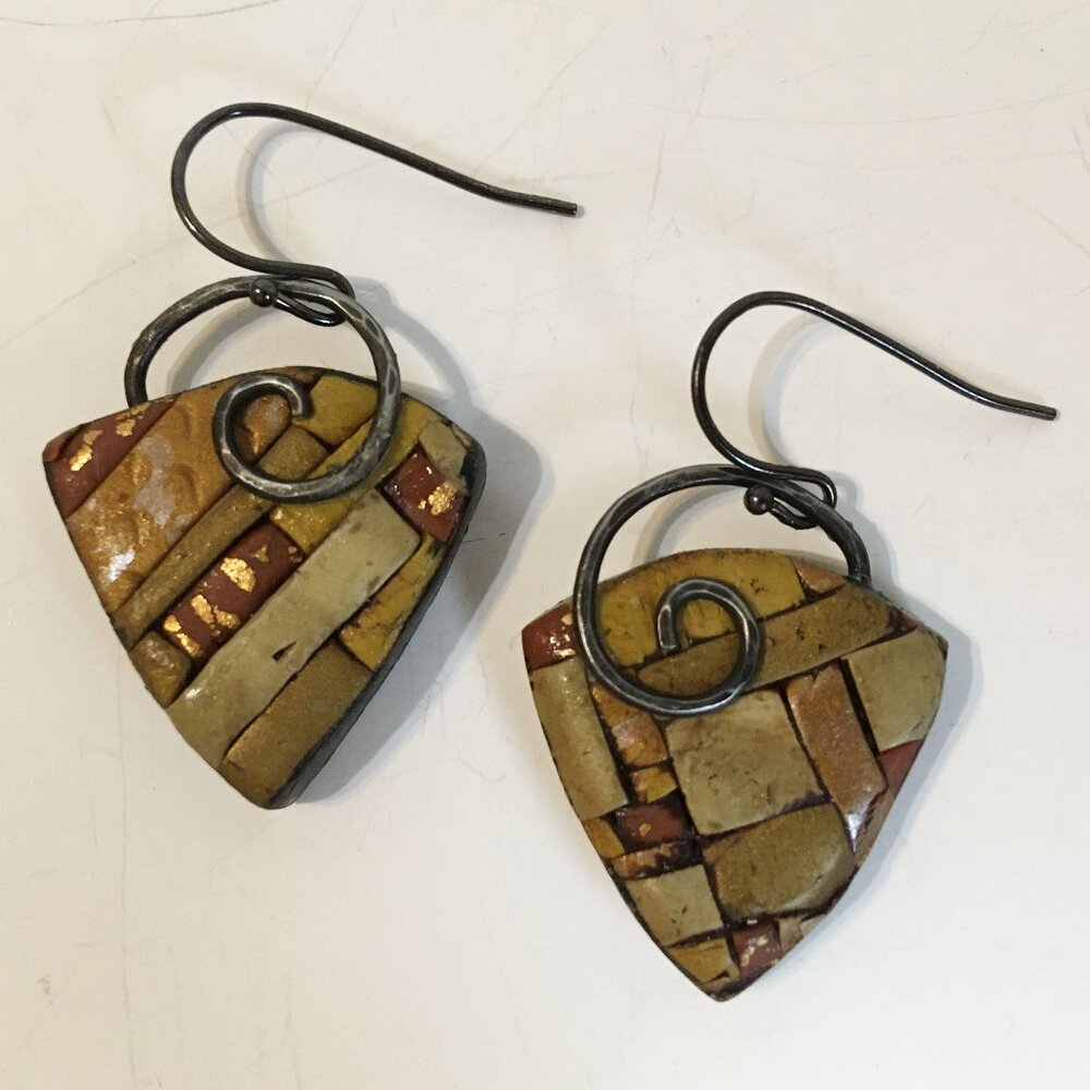 Bamboo Triangle Earrings Green Mosaic Polymer Handmade Pierced Metal Unique New